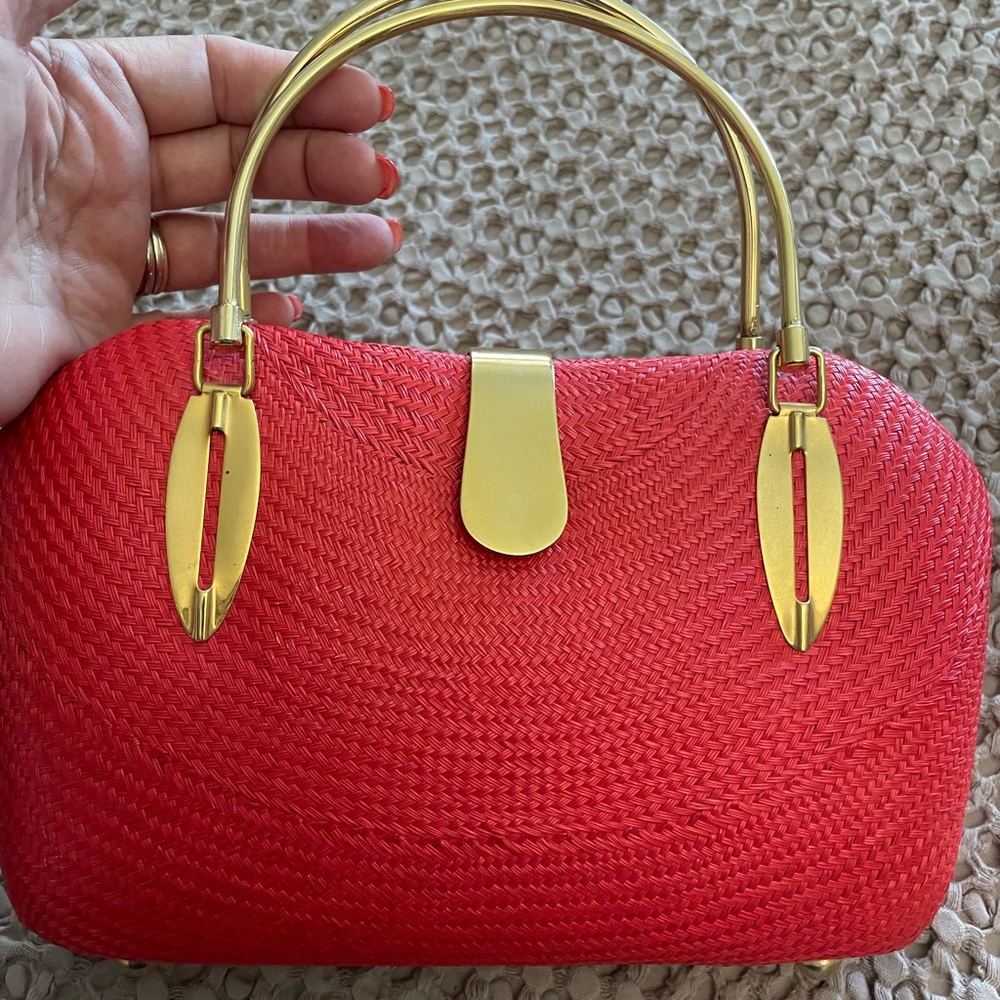 Bequizo Red Woven Handbag with Gold Accents